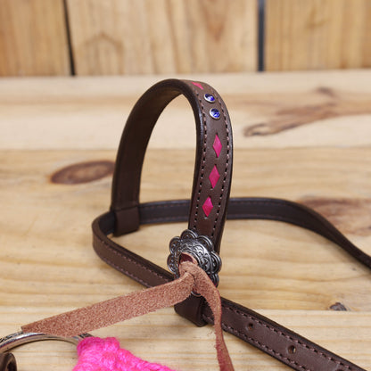 Pink and Royal Mohair Western Headstall Tack Set with 32” Front Girth – Complete Set with Breast Collar, Bronc Halter &amp; Wither Strap – Antique Copper Hardware – Handcrafted