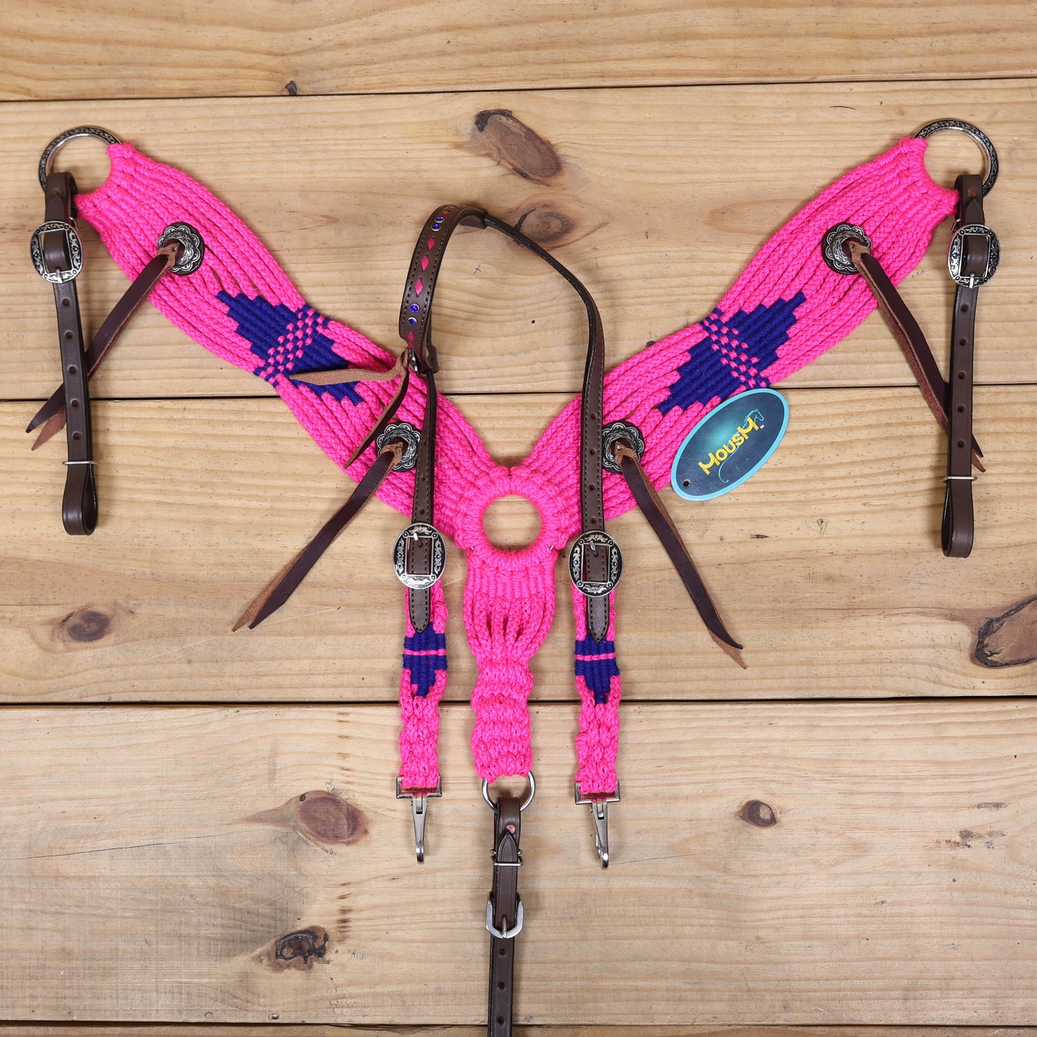 Pink and Royal Mohair Western Headstall Tack Set with 32” Front Girth – Complete Set with Breast Collar, Bronc Halter &amp; Wither Strap – Antique Copper Hardware – Handcrafted