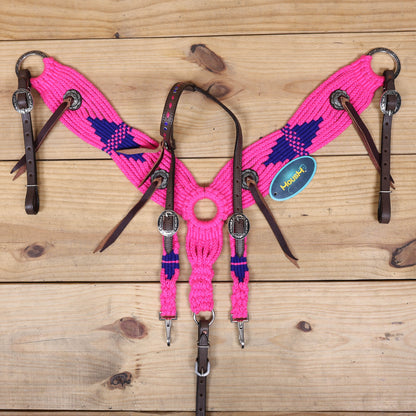 Pink and Royal Mohair Western Headstall Tack Set with 32” Front Girth – Complete Set with Breast Collar, Bronc Halter &amp; Wither Strap – Antique Copper Hardware – Handcrafted
