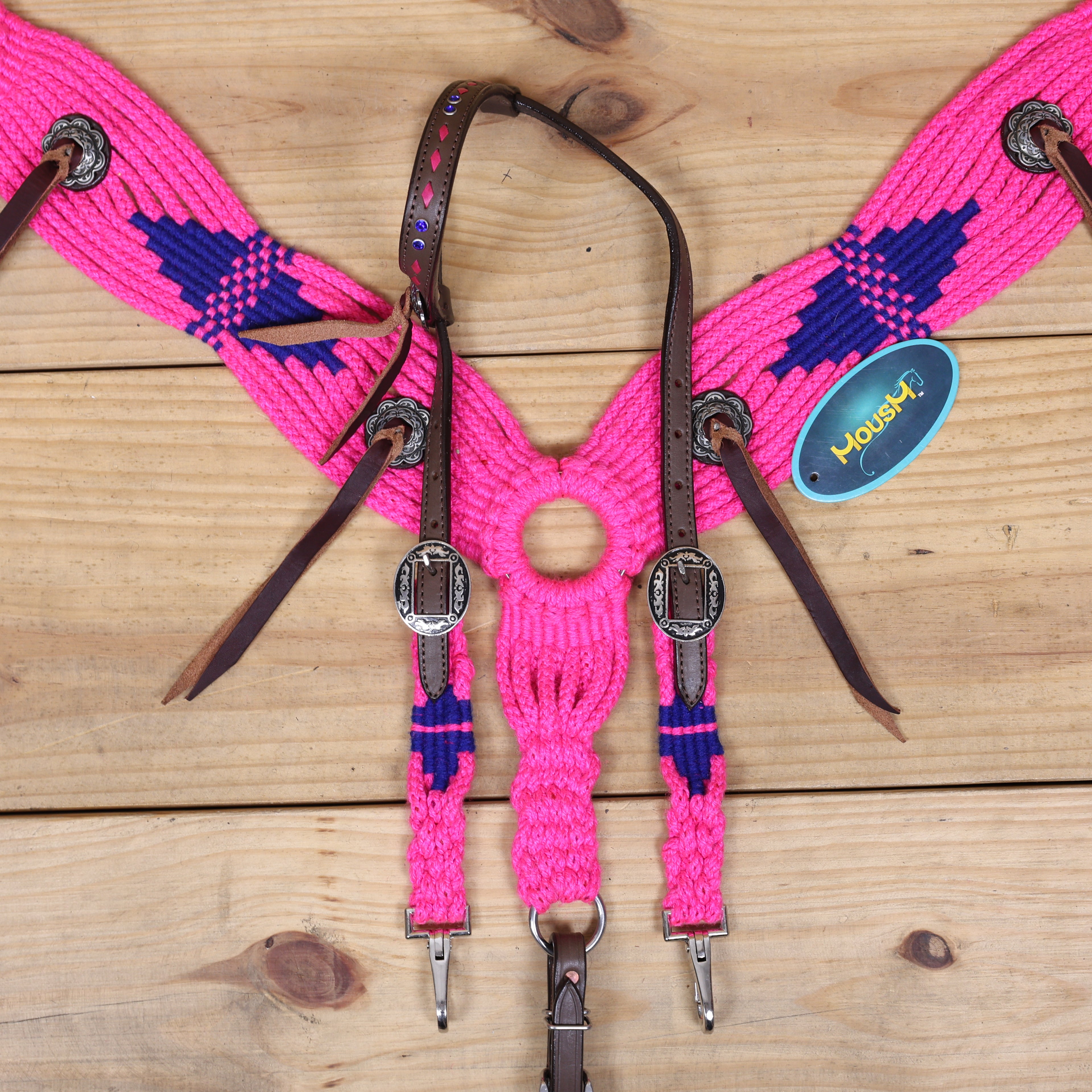 Pink and Royal Mohair Western Headstall Tack Set with 32” Front Girth – Complete Set with Breast Collar, Bronc Halter &amp; Wither Strap – Antique Copper Hardware – Handcrafted