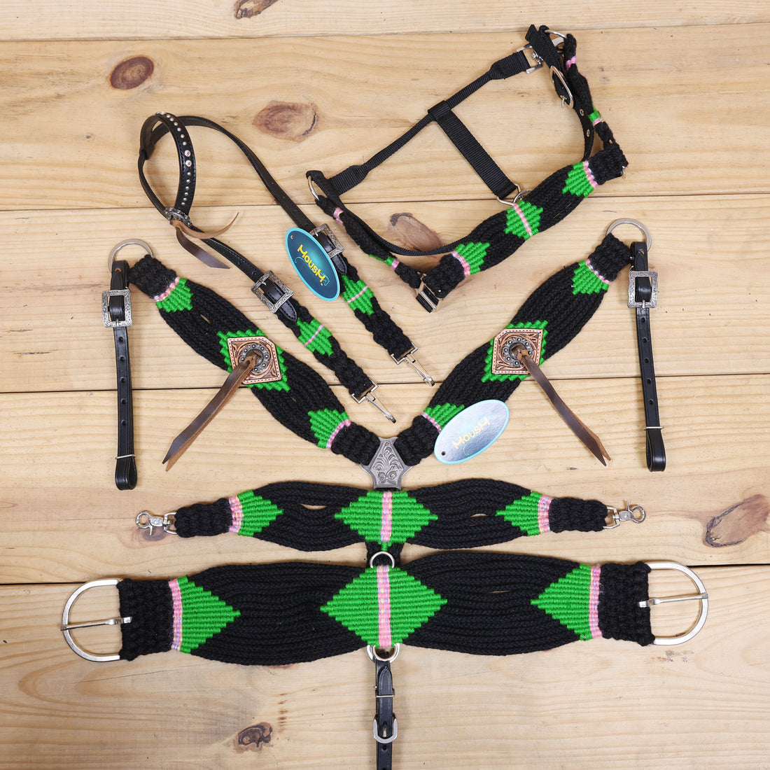 Green and Black Mohair Western Headstall Tack Set with 32” Front Girth – Complete Set with Breast Collar, Bronc Halter &amp; Wither Strap – Antique Copper Hardware – Handcrafted
