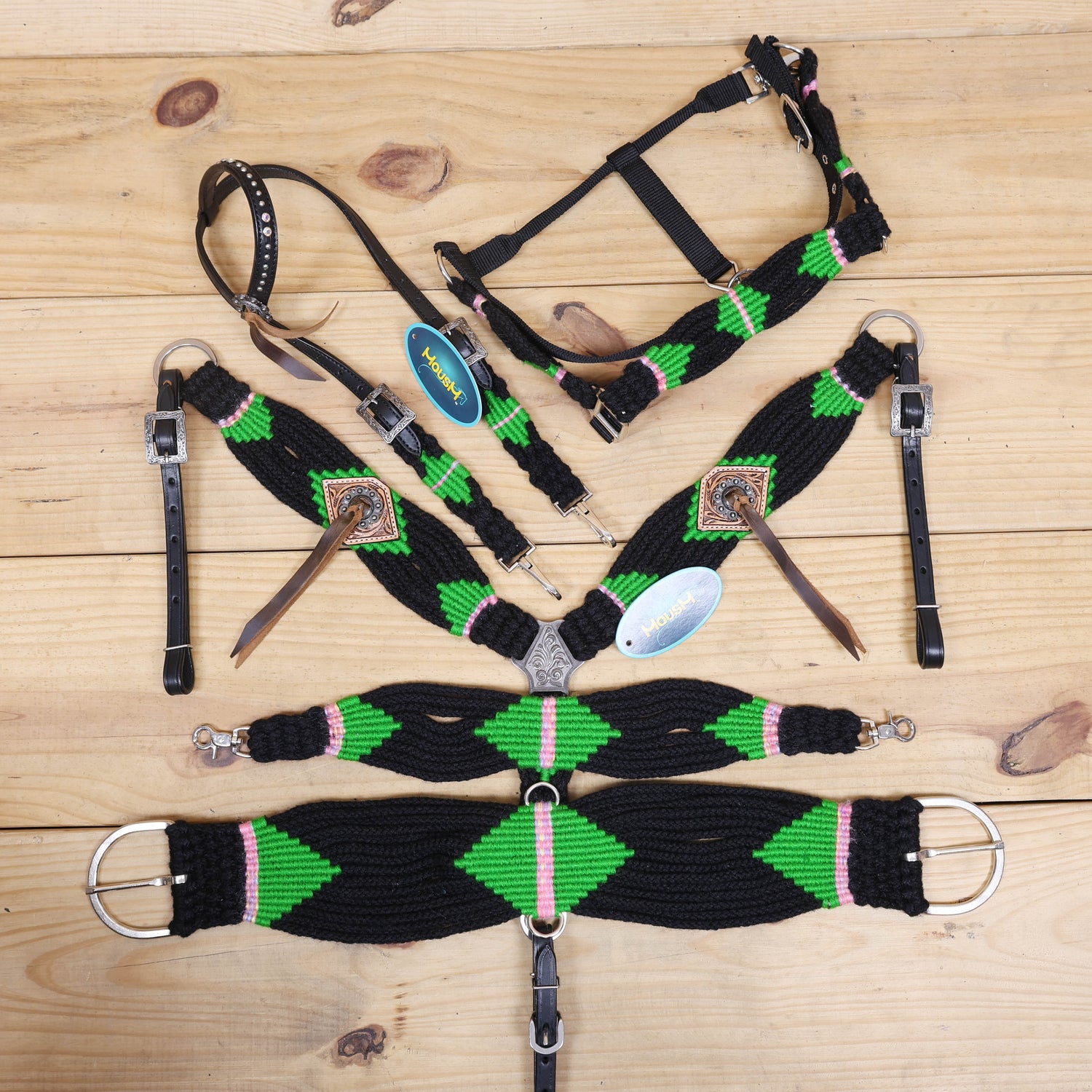 Green and Black Mohair Western Headstall Tack Set with 32” Front Girth – Complete Set with Breast Collar, Bronc Halter &amp; Wither Strap – Antique Copper Hardware – Handcrafted