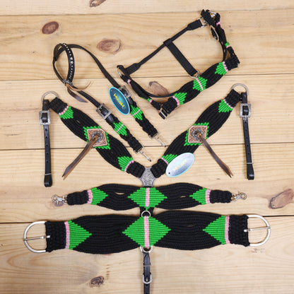 Green and Black Mohair Western Headstall Tack Set with 32” Front Girth – Complete Set with Breast Collar, Bronc Halter &amp; Wither Strap – Antique Copper Hardware – Handcrafted