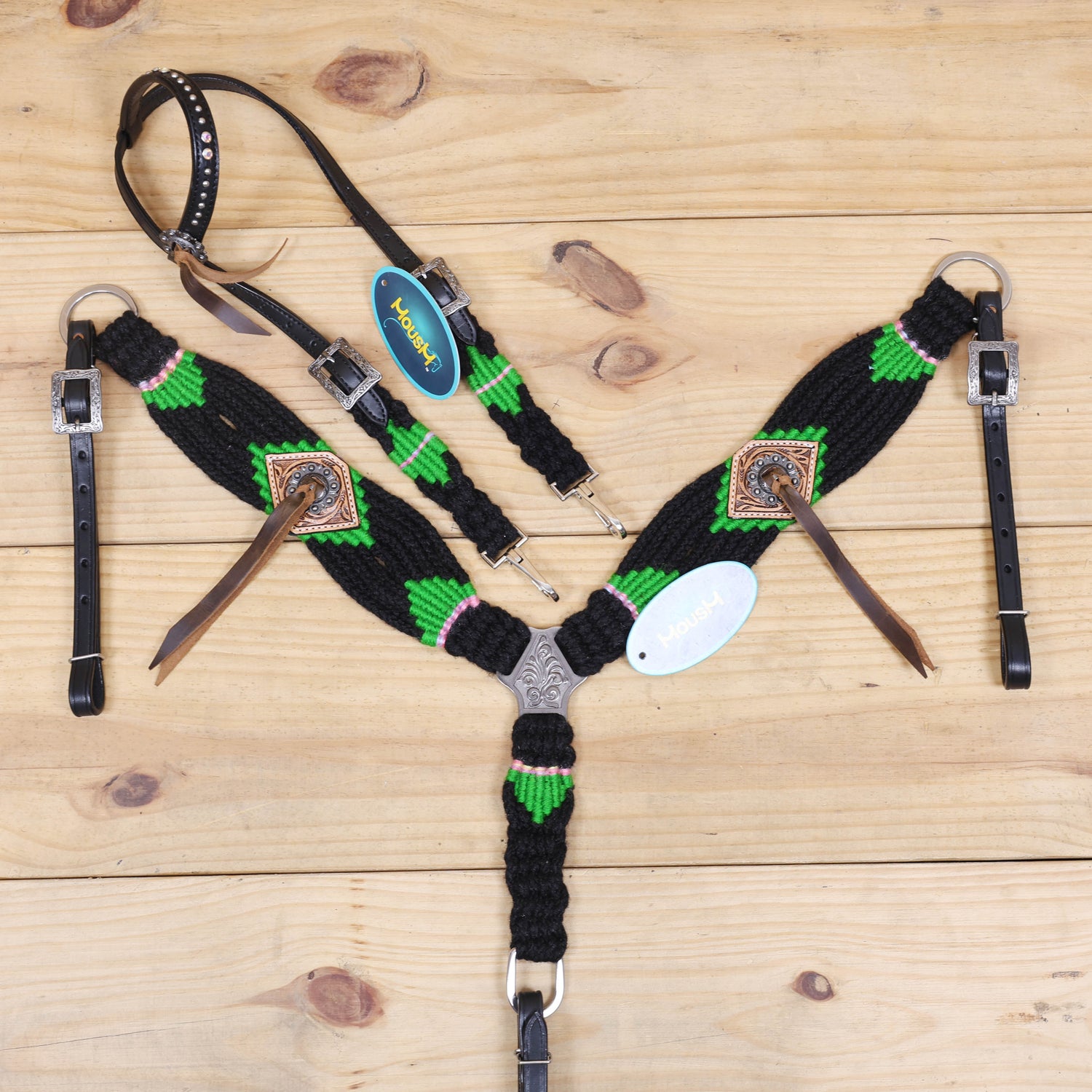 Green and Black Mohair Western Headstall Tack Set with 32” Front Girth – Complete Set with Breast Collar, Bronc Halter &amp; Wither Strap – Antique Copper Hardware – Handcrafted