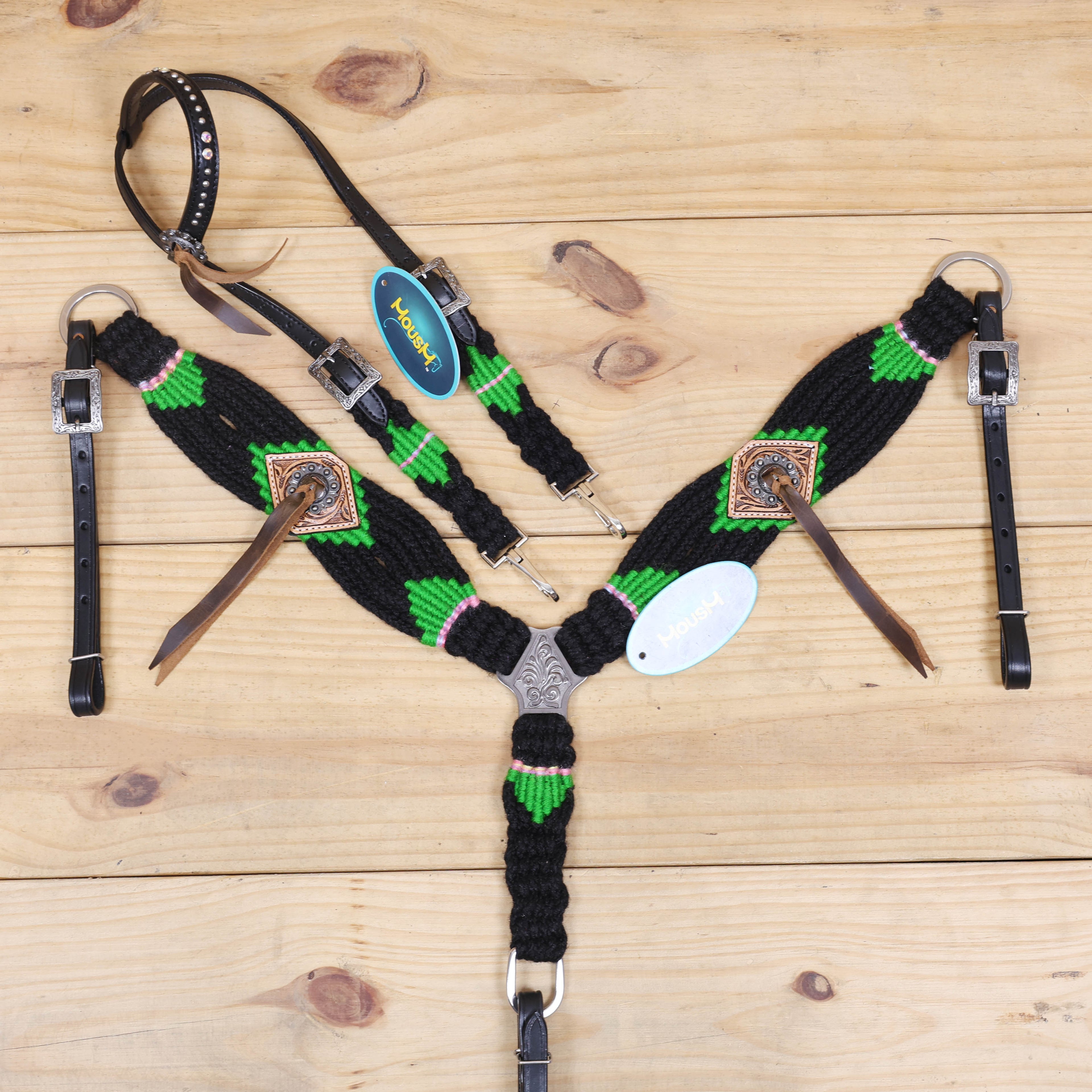 Green and Black Mohair Western Headstall Tack Set with 32” Front Girth – Complete Set with Breast Collar, Bronc Halter &amp; Wither Strap – Antique Copper Hardware – Handcrafted
