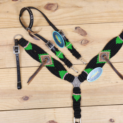 Green and Black Mohair Western Headstall Tack Set with 32” Front Girth – Complete Set with Breast Collar, Bronc Halter &amp; Wither Strap – Antique Copper Hardware – Handcrafted