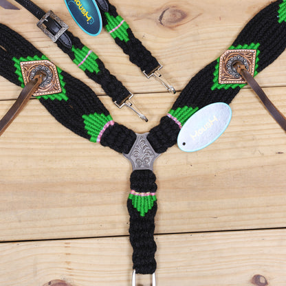 Green and Black Mohair Western Headstall Tack Set with 32” Front Girth – Complete Set with Breast Collar, Bronc Halter &amp; Wither Strap – Antique Copper Hardware – Handcrafted
