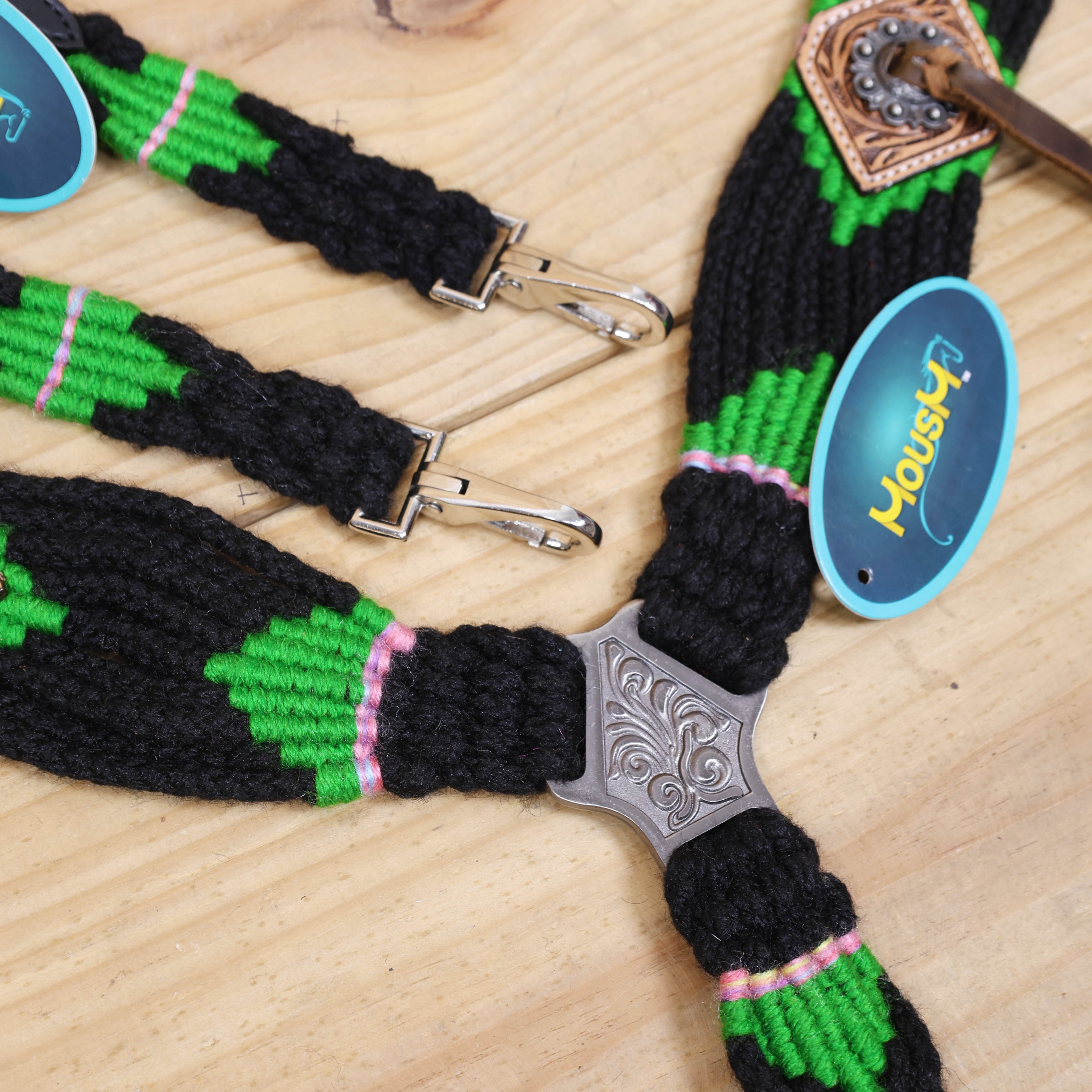 Green and Black Mohair Western Headstall Tack Set with 32” Front Girth – Complete Set with Breast Collar, Bronc Halter &amp; Wither Strap – Antique Copper Hardware – Handcrafted
