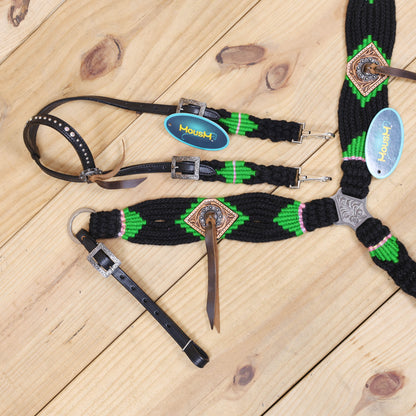 Green and Black Mohair Western Headstall Tack Set with 32” Front Girth – Complete Set with Breast Collar, Bronc Halter &amp; Wither Strap – Antique Copper Hardware – Handcrafted