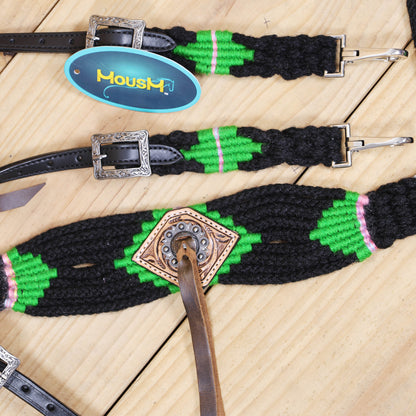Green and Black Mohair Western Headstall Tack Set with 32” Front Girth – Complete Set with Breast Collar, Bronc Halter &amp; Wither Strap – Antique Copper Hardware – Handcrafted