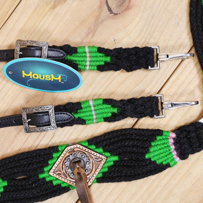 Green and Black Mohair Western Headstall Tack Set with 32” Front Girth – Complete Set with Breast Collar, Bronc Halter &amp; Wither Strap – Antique Copper Hardware – Handcrafted