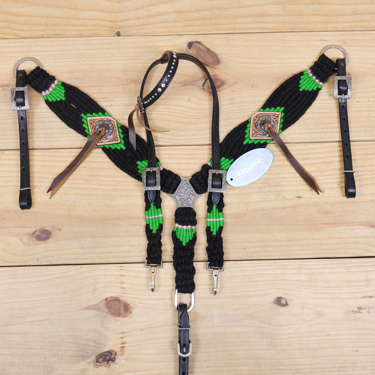 Green and Black Mohair Western Headstall Tack Set with 32” Front Girth – Complete Set with Breast Collar, Bronc Halter &amp; Wither Strap – Antique Copper Hardware – Handcrafted