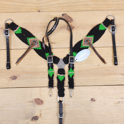 Green and Black Mohair Western Headstall Tack Set with 32” Front Girth – Complete Set with Breast Collar, Bronc Halter &amp; Wither Strap – Antique Copper Hardware – Handcrafted