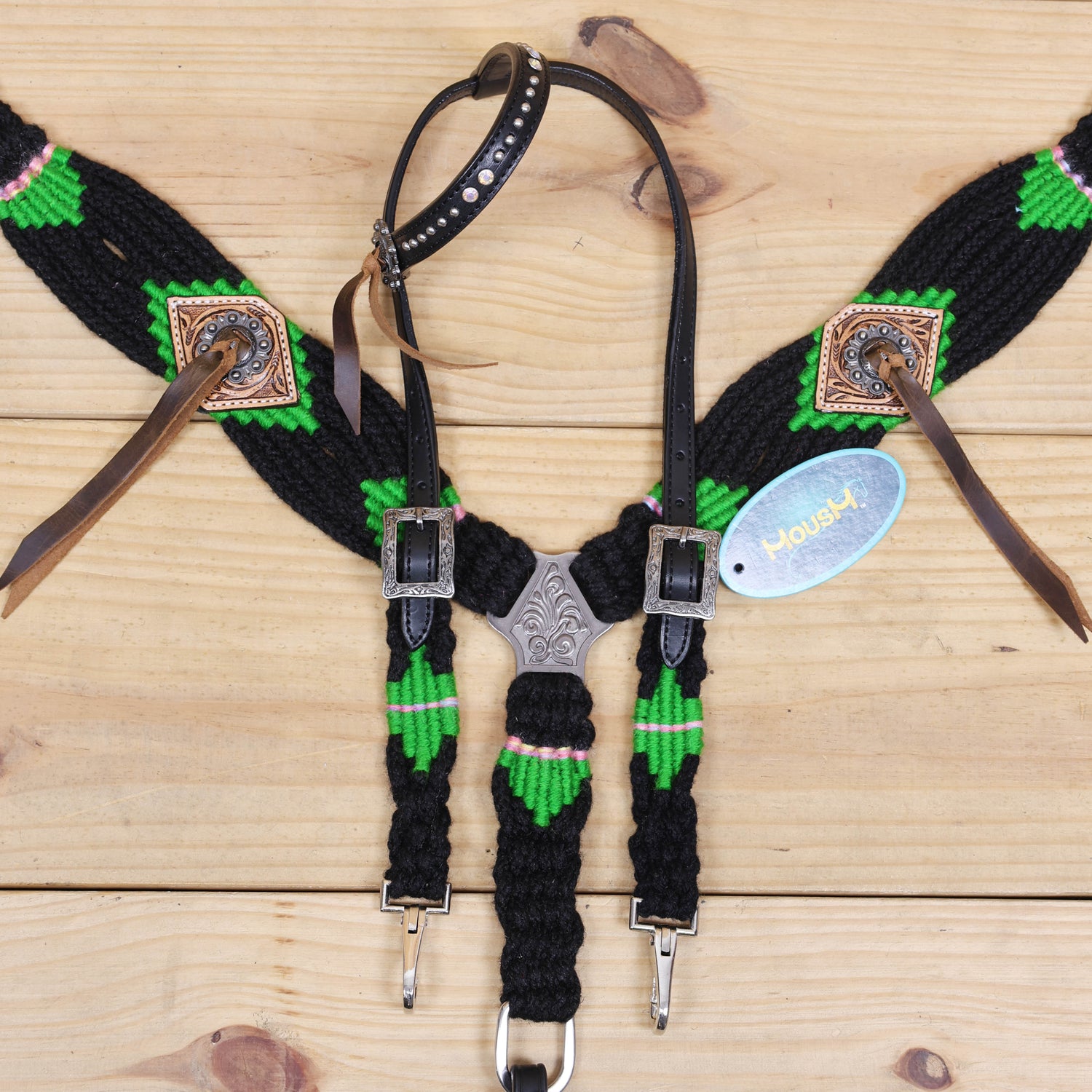 Green and Black Mohair Western Headstall Tack Set with 32” Front Girth – Complete Set with Breast Collar, Bronc Halter &amp; Wither Strap – Antique Copper Hardware – Handcrafted