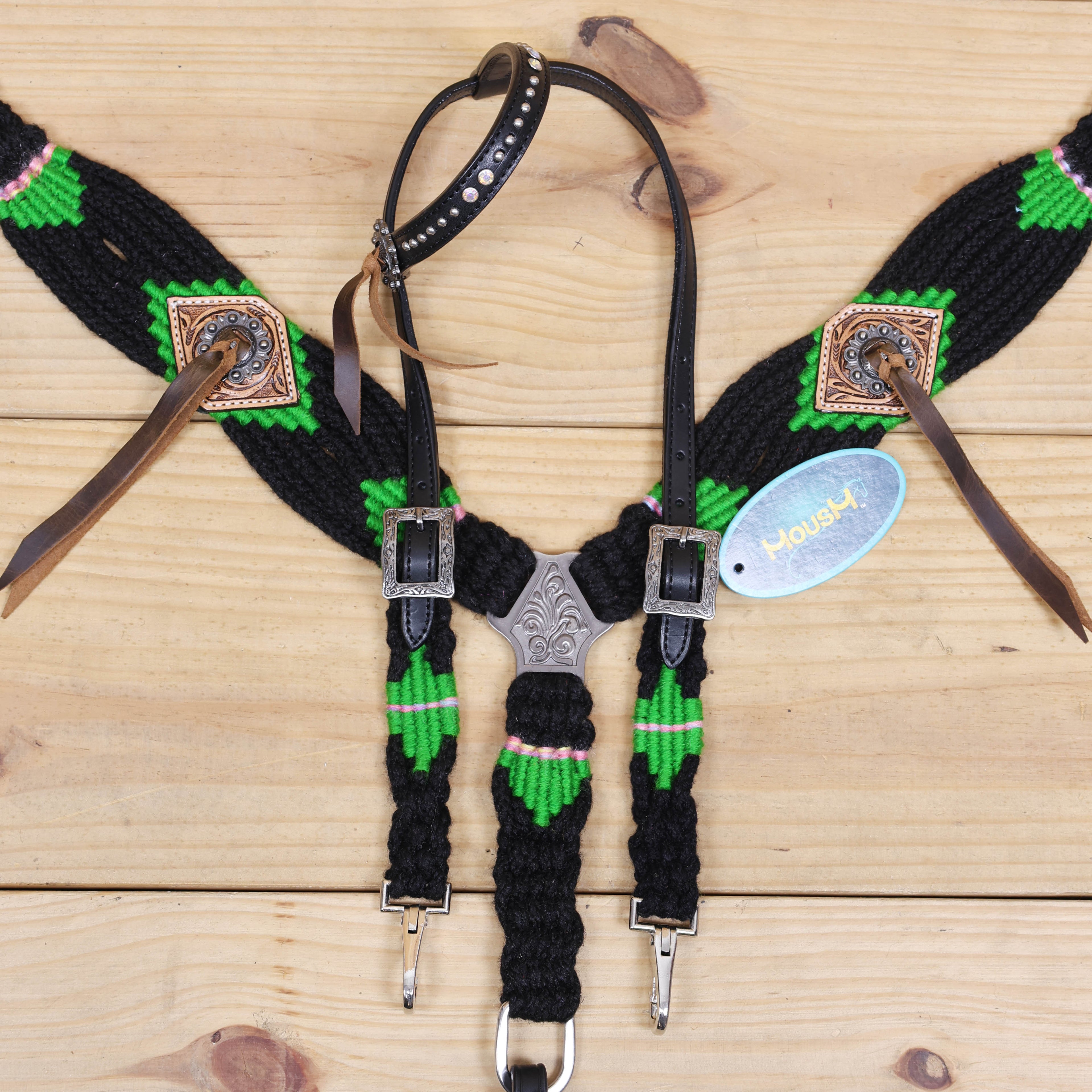 Green and Black Mohair Western Headstall Tack Set with 32” Front Girth – Complete Set with Breast Collar, Bronc Halter &amp; Wither Strap – Antique Copper Hardware – Handcrafted