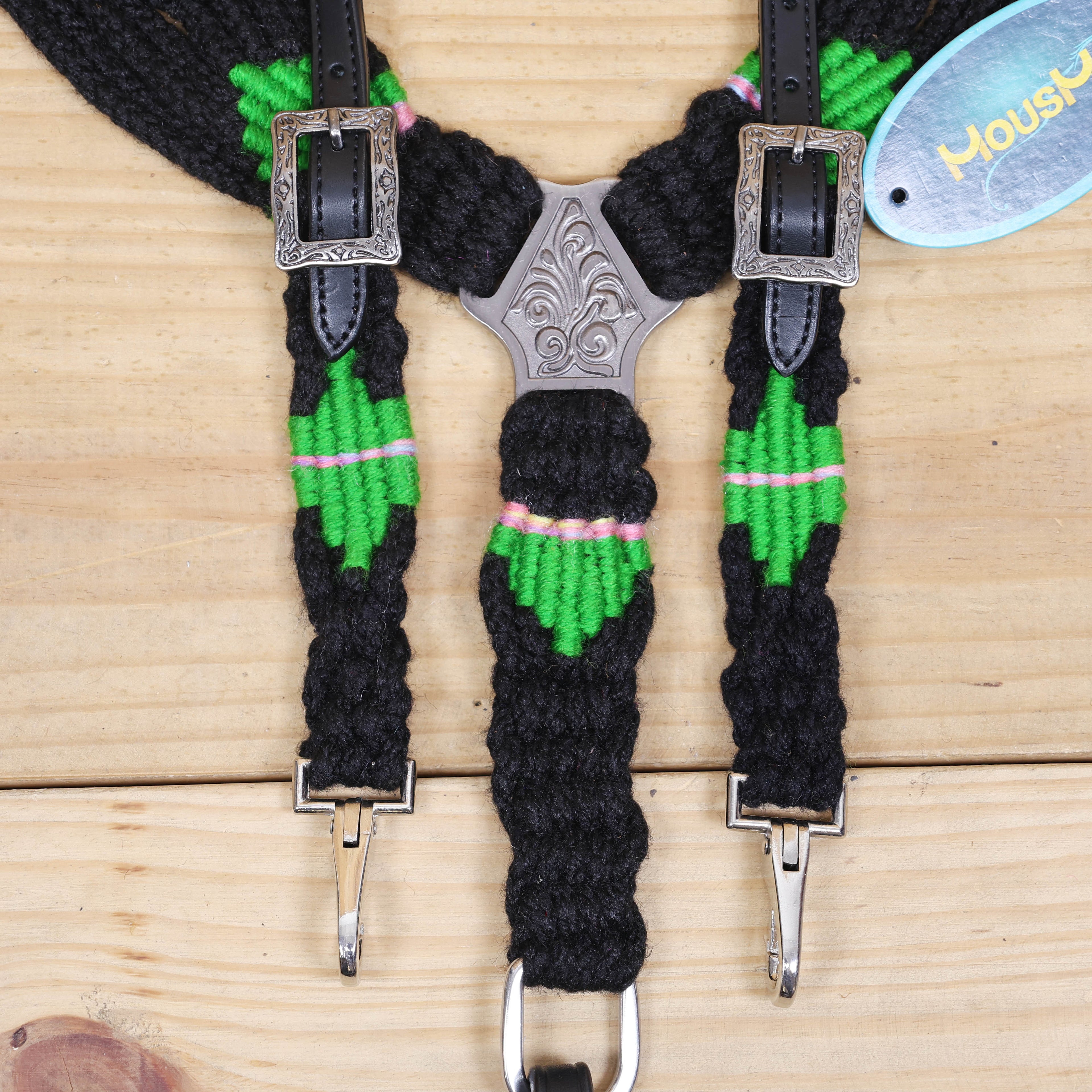 Green and Black Mohair Western Headstall Tack Set with 32” Front Girth – Complete Set with Breast Collar, Bronc Halter &amp; Wither Strap – Antique Copper Hardware – Handcrafted
