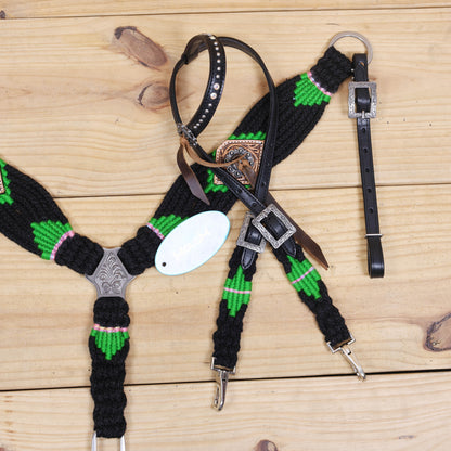 Green and Black Mohair Western Headstall Tack Set with 32” Front Girth – Complete Set with Breast Collar, Bronc Halter &amp; Wither Strap – Antique Copper Hardware – Handcrafted