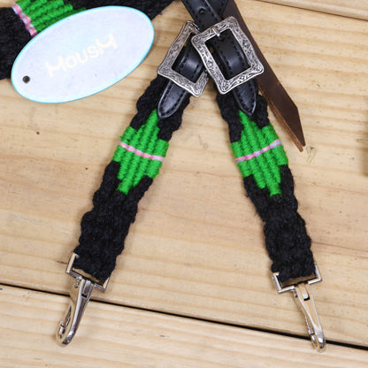 Green and Black Mohair Western Headstall Tack Set with 32” Front Girth – Complete Set with Breast Collar, Bronc Halter &amp; Wither Strap – Antique Copper Hardware – Handcrafted