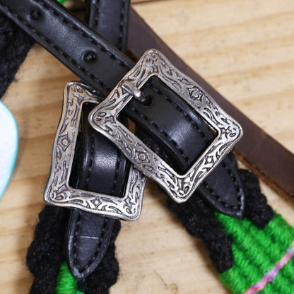 Green and Black Mohair Western Headstall Tack Set with 32” Front Girth – Complete Set with Breast Collar, Bronc Halter &amp; Wither Strap – Antique Copper Hardware – Handcrafted