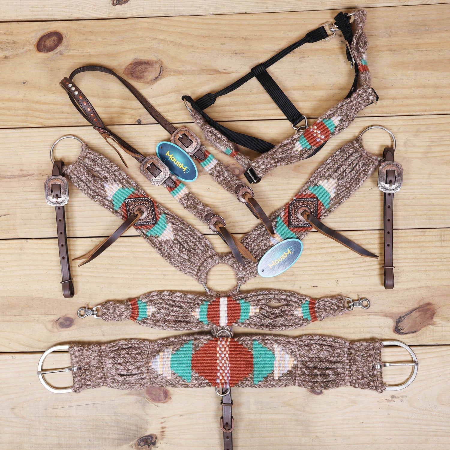 Beige, Turquoise &amp; Reddish Brown Mohair Western Headstall Tack Set with 32” Front Girth – Complete Set with Breast Collar, Bronc Halter &amp; Wither Strap – Antique Copper Hardware – Handcrafted