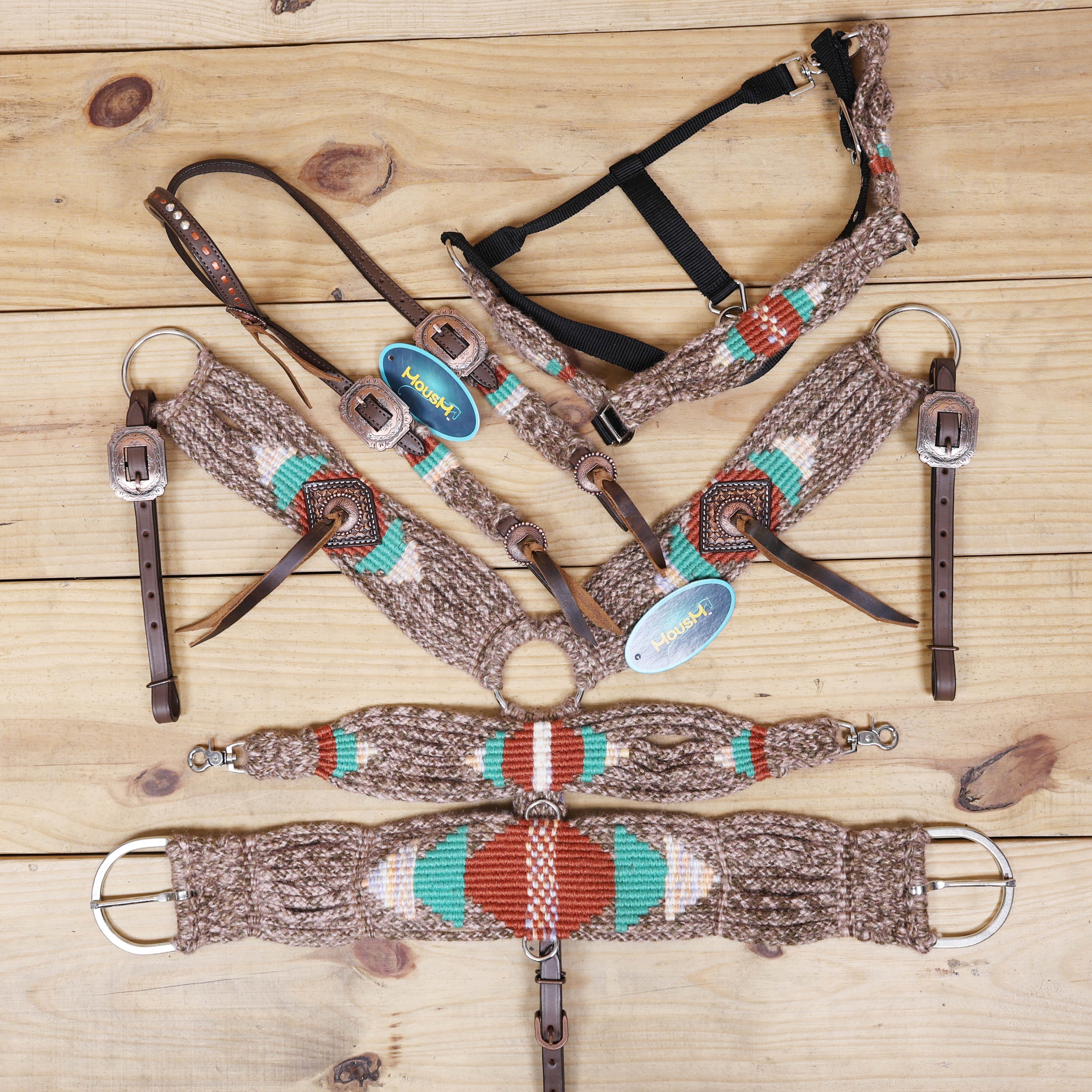 Beige, Turquoise &amp; Reddish Brown Mohair Western Headstall Tack Set with 32” Front Girth – Complete Set with Breast Collar, Bronc Halter &amp; Wither Strap – Antique Copper Hardware – Handcrafted