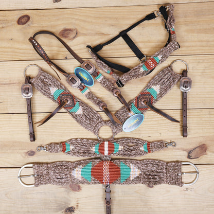 Beige, Turquoise &amp; Reddish Brown Mohair Western Headstall Tack Set with 32” Front Girth – Complete Set with Breast Collar, Bronc Halter &amp; Wither Strap – Antique Copper Hardware – Handcrafted
