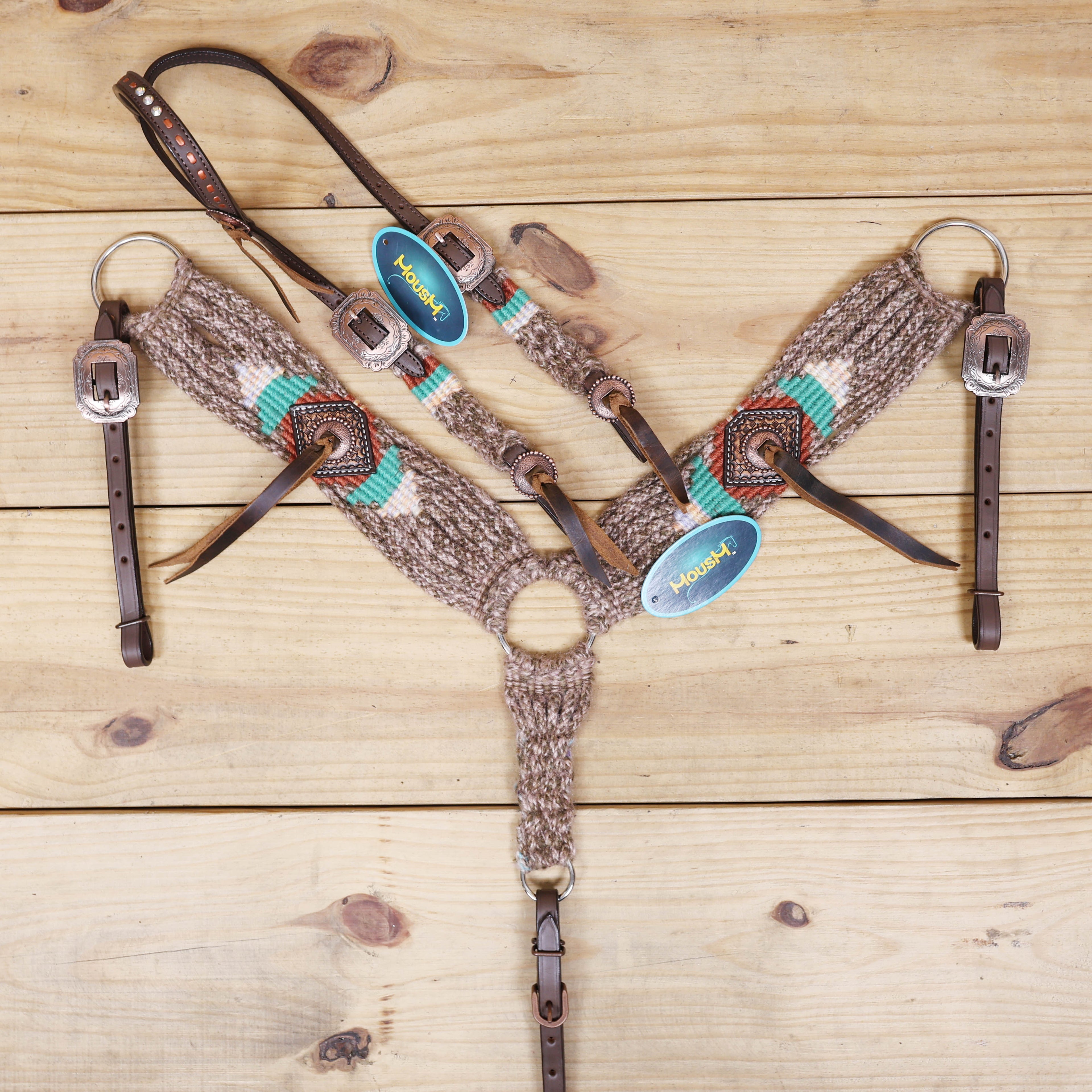 Beige, Turquoise &amp; Reddish Brown Mohair Western Headstall Tack Set with 32” Front Girth – Complete Set with Breast Collar, Bronc Halter &amp; Wither Strap – Antique Copper Hardware – Handcrafted