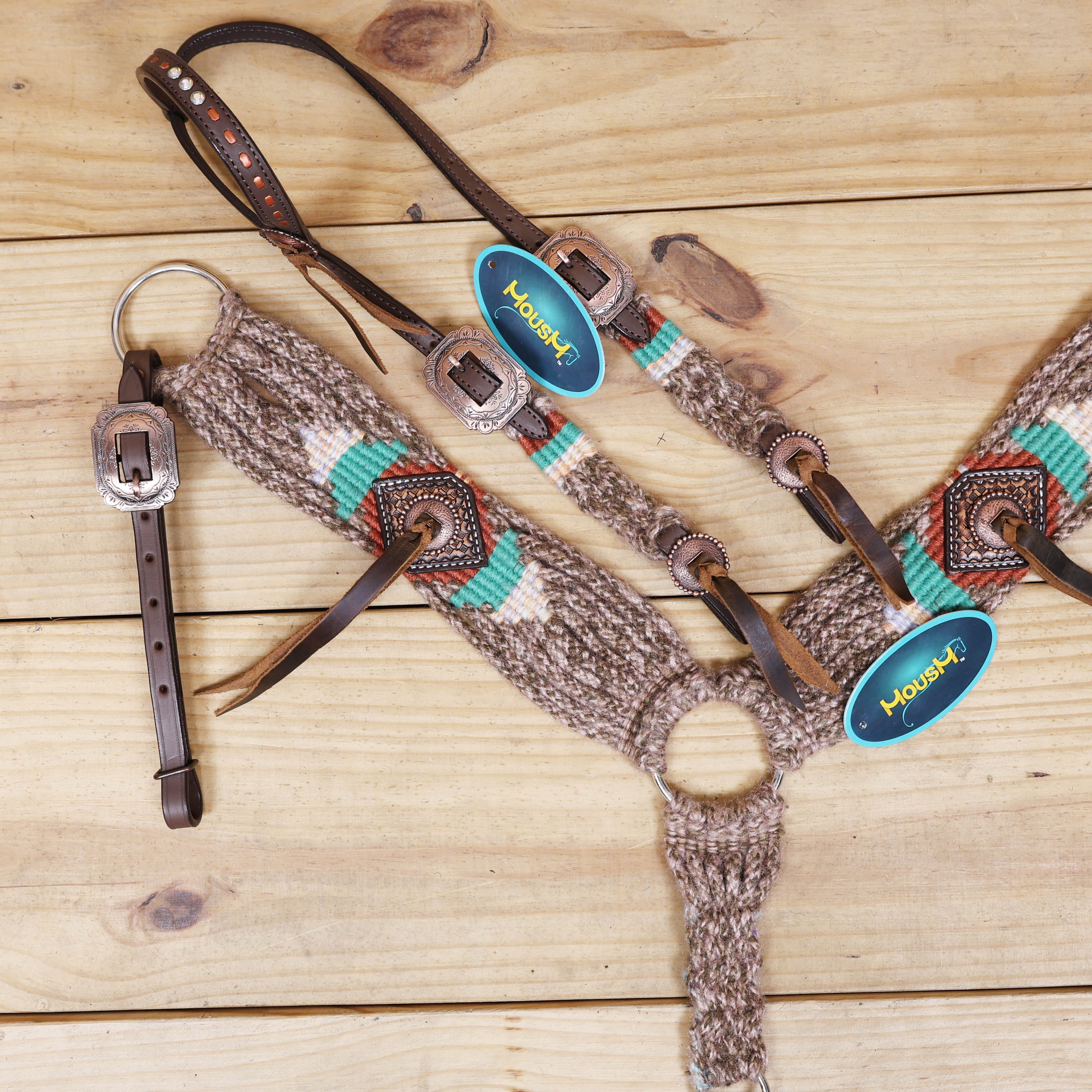 Beige, Turquoise &amp; Reddish Brown Mohair Western Headstall Tack Set with 32” Front Girth – Complete Set with Breast Collar, Bronc Halter &amp; Wither Strap – Antique Copper Hardware – Handcrafted