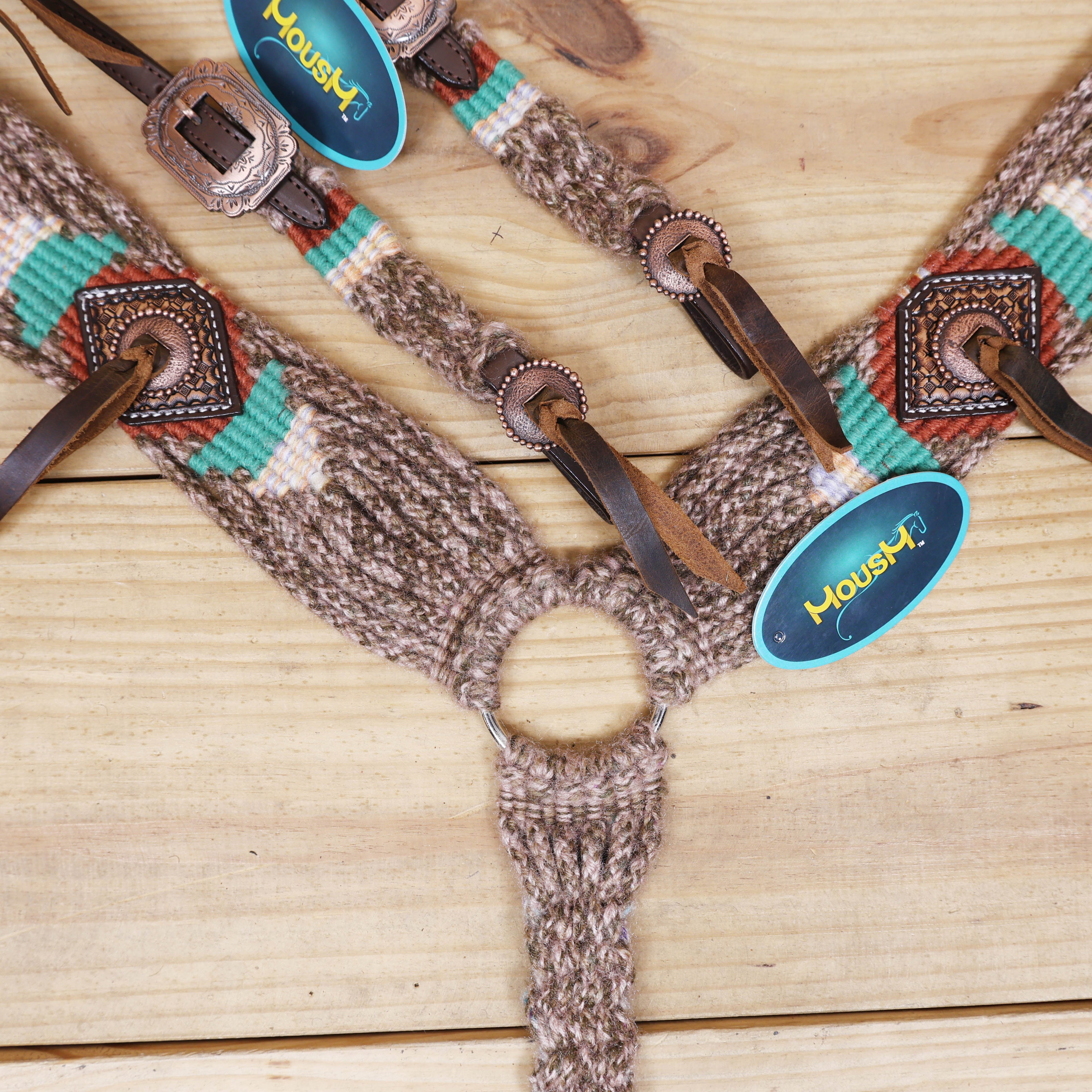 Beige, Turquoise &amp; Reddish Brown Mohair Western Headstall Tack Set with 32” Front Girth – Complete Set with Breast Collar, Bronc Halter &amp; Wither Strap – Antique Copper Hardware – Handcrafted