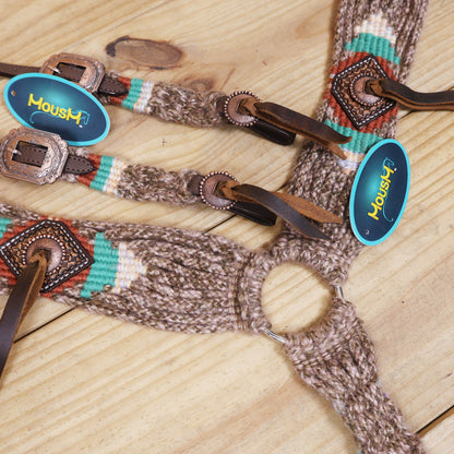 Beige, Turquoise &amp; Reddish Brown Mohair Western Headstall Tack Set with 32” Front Girth – Complete Set with Breast Collar, Bronc Halter &amp; Wither Strap – Antique Copper Hardware – Handcrafted