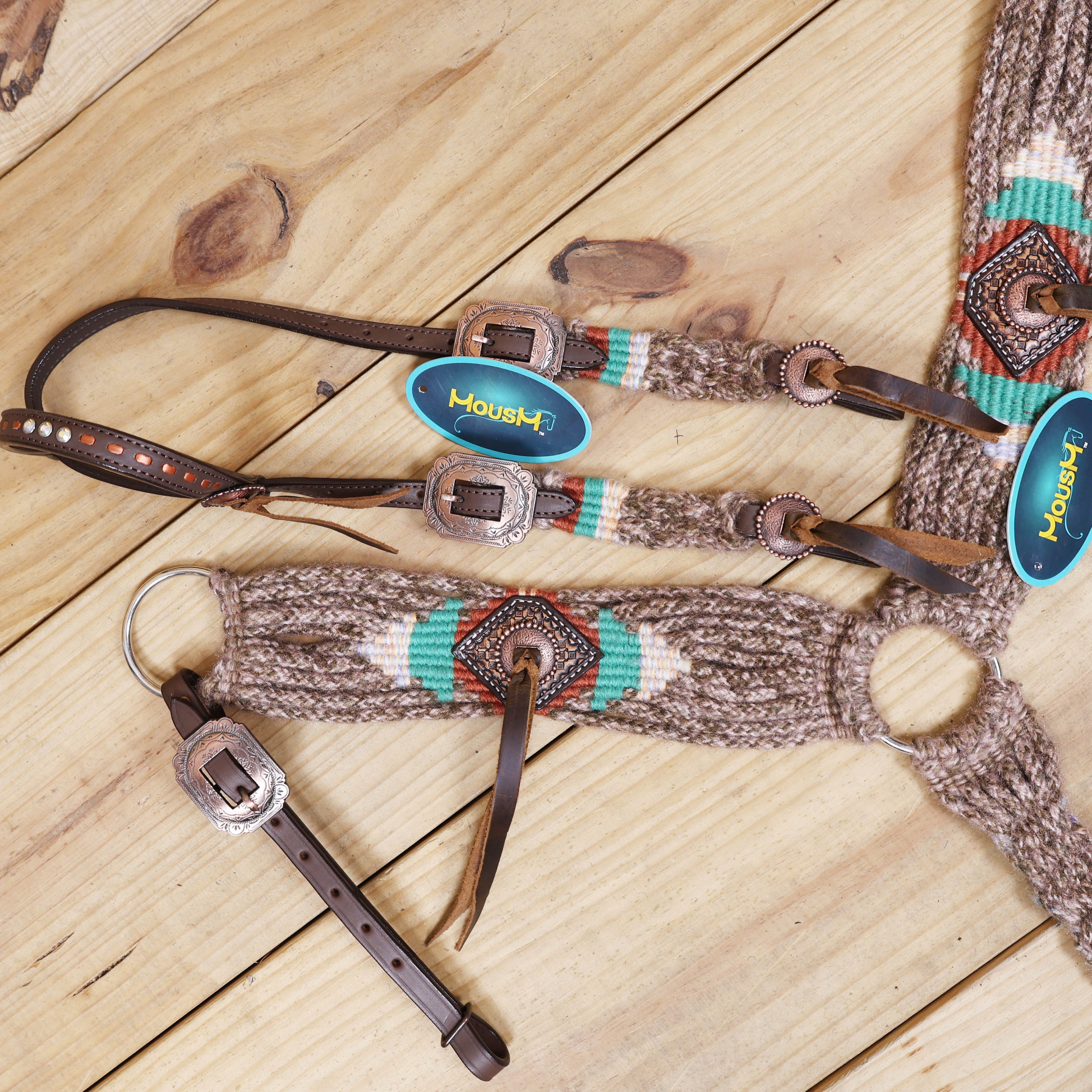 Beige, Turquoise &amp; Reddish Brown Mohair Western Headstall Tack Set with 32” Front Girth – Complete Set with Breast Collar, Bronc Halter &amp; Wither Strap – Antique Copper Hardware – Handcrafted