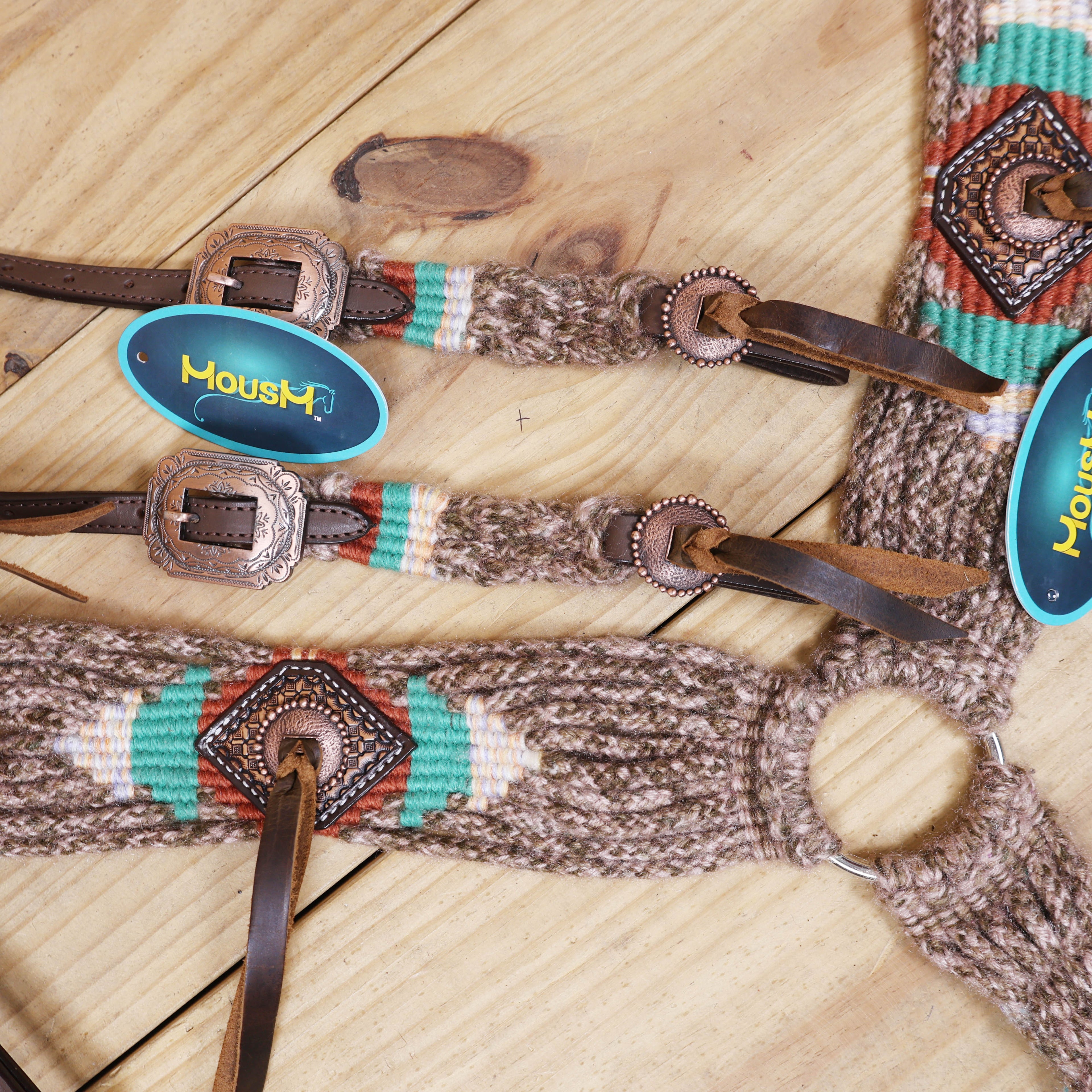 Beige, Turquoise &amp; Reddish Brown Mohair Western Headstall Tack Set with 32” Front Girth – Complete Set with Breast Collar, Bronc Halter &amp; Wither Strap – Antique Copper Hardware – Handcrafted