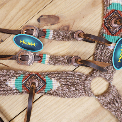Beige, Turquoise &amp; Reddish Brown Mohair Western Headstall Tack Set with 32” Front Girth – Complete Set with Breast Collar, Bronc Halter &amp; Wither Strap – Antique Copper Hardware – Handcrafted