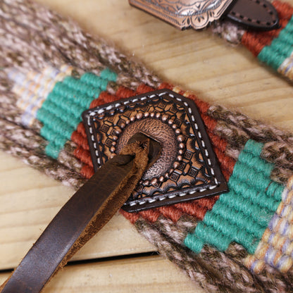 Beige, Turquoise &amp; Reddish Brown Mohair Western Headstall Tack Set with 32” Front Girth – Complete Set with Breast Collar, Bronc Halter &amp; Wither Strap – Antique Copper Hardware – Handcrafted