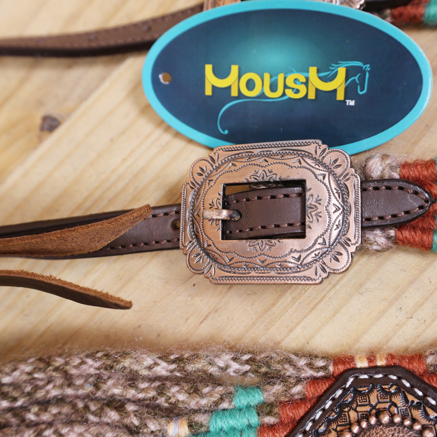 Beige, Turquoise &amp; Reddish Brown Mohair Western Headstall Tack Set with 32” Front Girth – Complete Set with Breast Collar, Bronc Halter &amp; Wither Strap – Antique Copper Hardware – Handcrafted