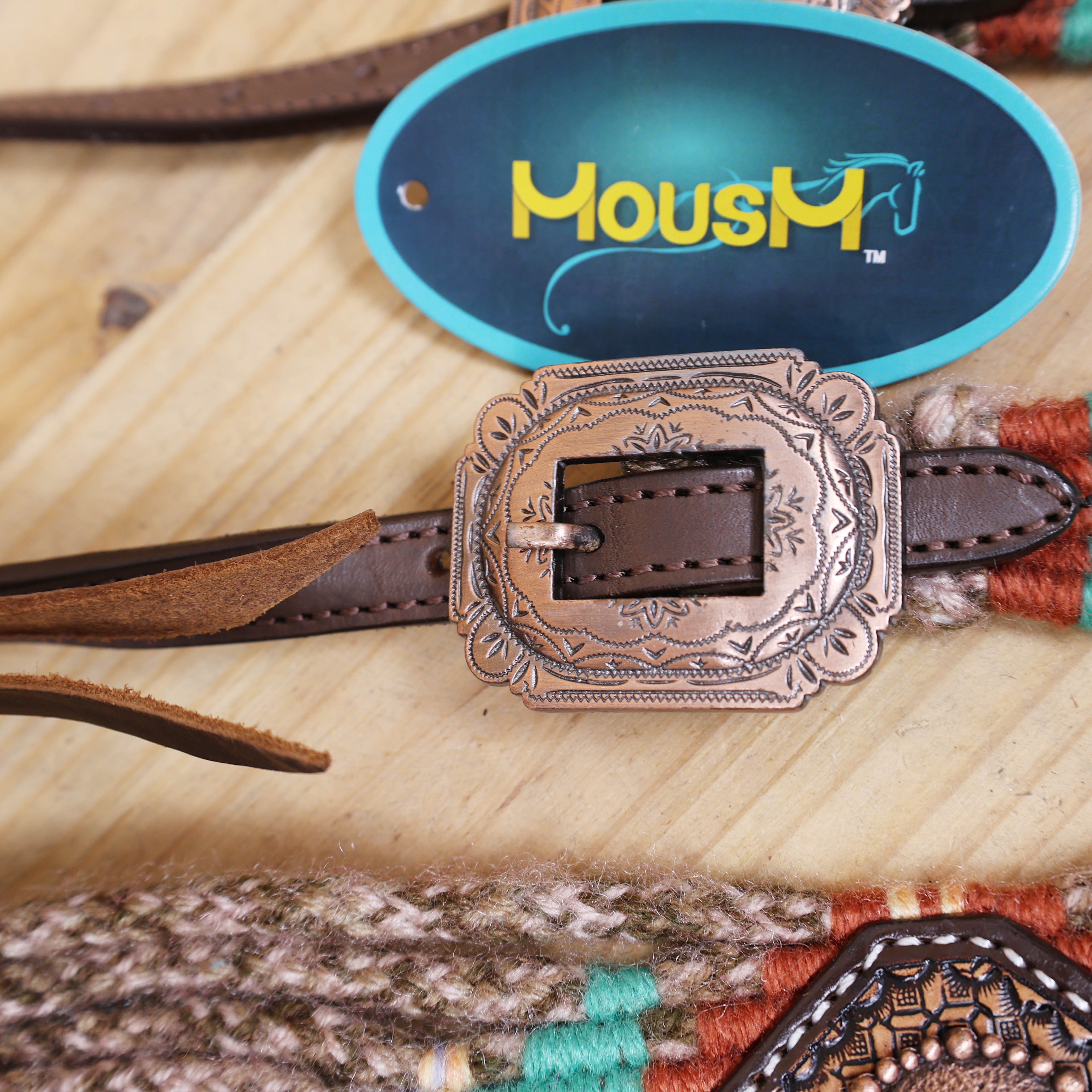 Beige, Turquoise &amp; Reddish Brown Mohair Western Headstall Tack Set with 32” Front Girth – Complete Set with Breast Collar, Bronc Halter &amp; Wither Strap – Antique Copper Hardware – Handcrafted