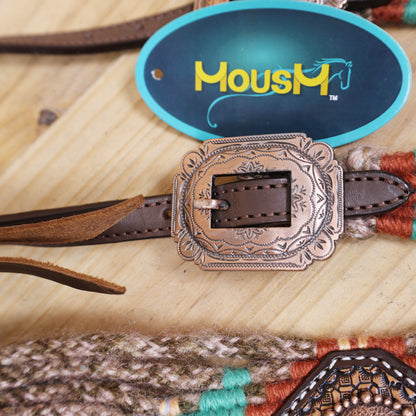 Beige, Turquoise &amp; Reddish Brown Mohair Western Headstall Tack Set with 32” Front Girth – Complete Set with Breast Collar, Bronc Halter &amp; Wither Strap – Antique Copper Hardware – Handcrafted
