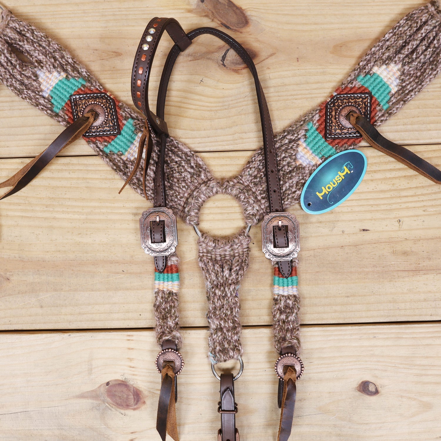 Beige, Turquoise &amp; Reddish Brown Mohair Western Headstall Tack Set with 32” Front Girth – Complete Set with Breast Collar, Bronc Halter &amp; Wither Strap – Antique Copper Hardware – Handcrafted