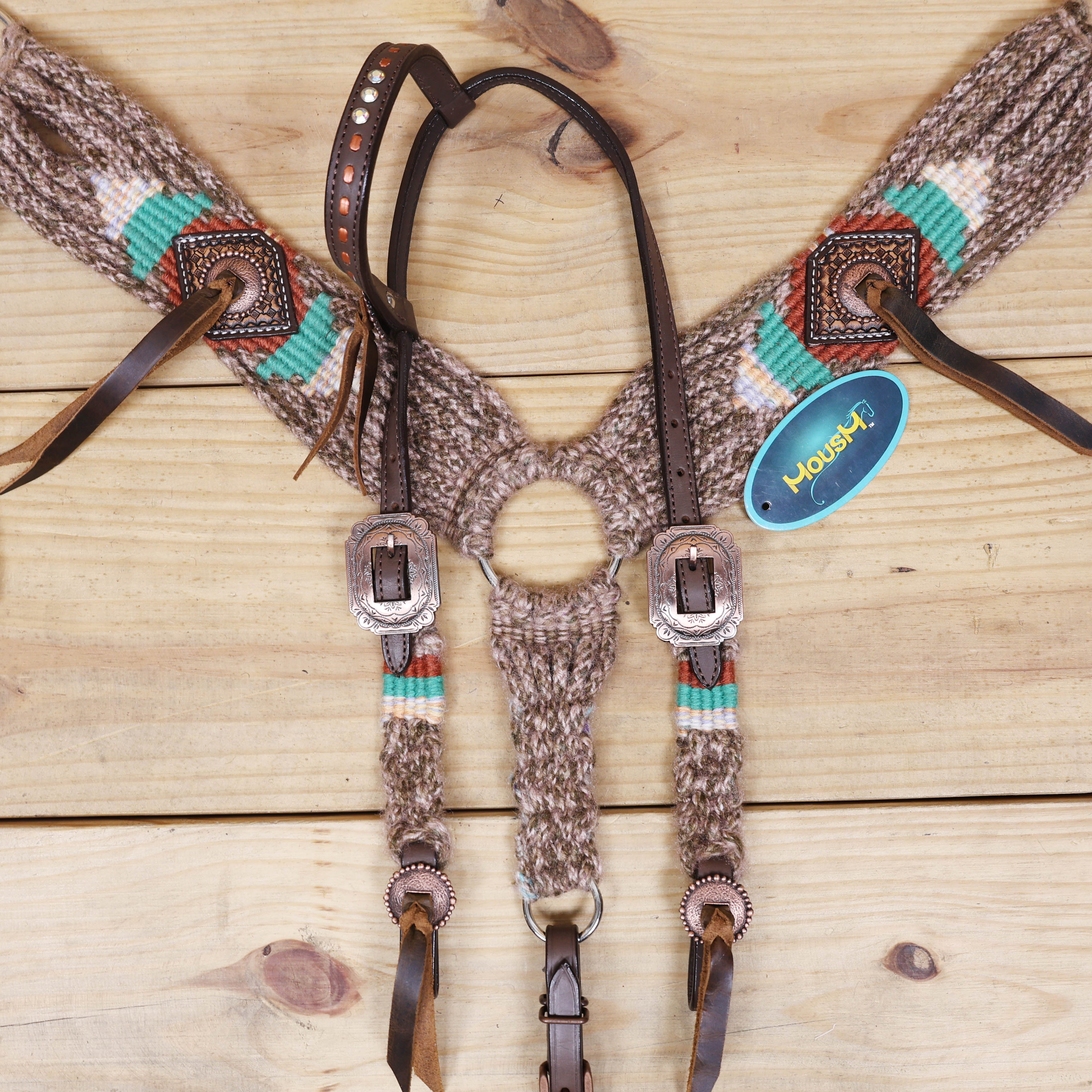Beige, Turquoise &amp; Reddish Brown Mohair Western Headstall Tack Set with 32” Front Girth – Complete Set with Breast Collar, Bronc Halter &amp; Wither Strap – Antique Copper Hardware – Handcrafted