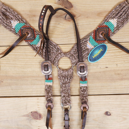 Beige, Turquoise &amp; Reddish Brown Mohair Western Headstall Tack Set with 32” Front Girth – Complete Set with Breast Collar, Bronc Halter &amp; Wither Strap – Antique Copper Hardware – Handcrafted