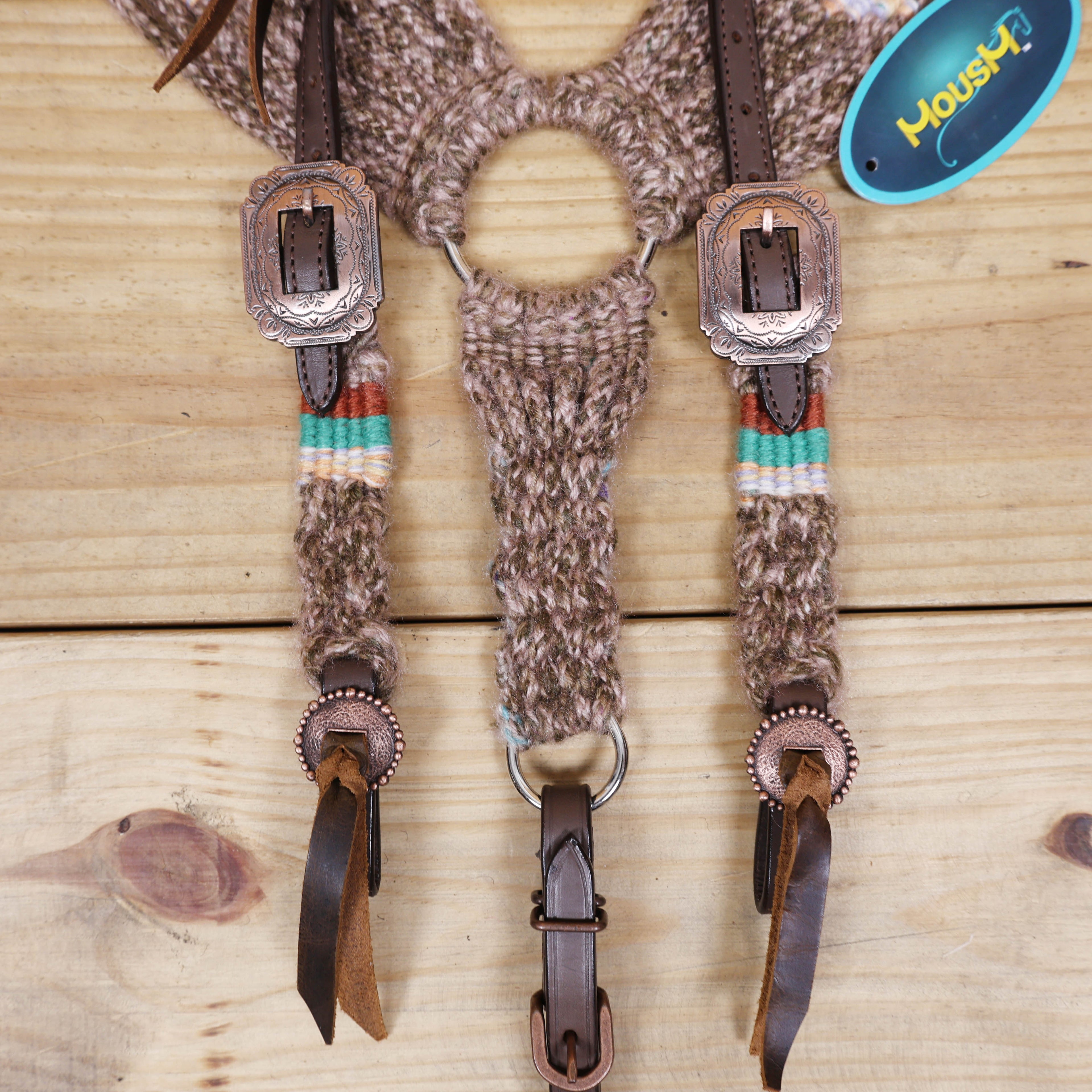 Beige, Turquoise &amp; Reddish Brown Mohair Western Headstall Tack Set with 32” Front Girth – Complete Set with Breast Collar, Bronc Halter &amp; Wither Strap – Antique Copper Hardware – Handcrafted