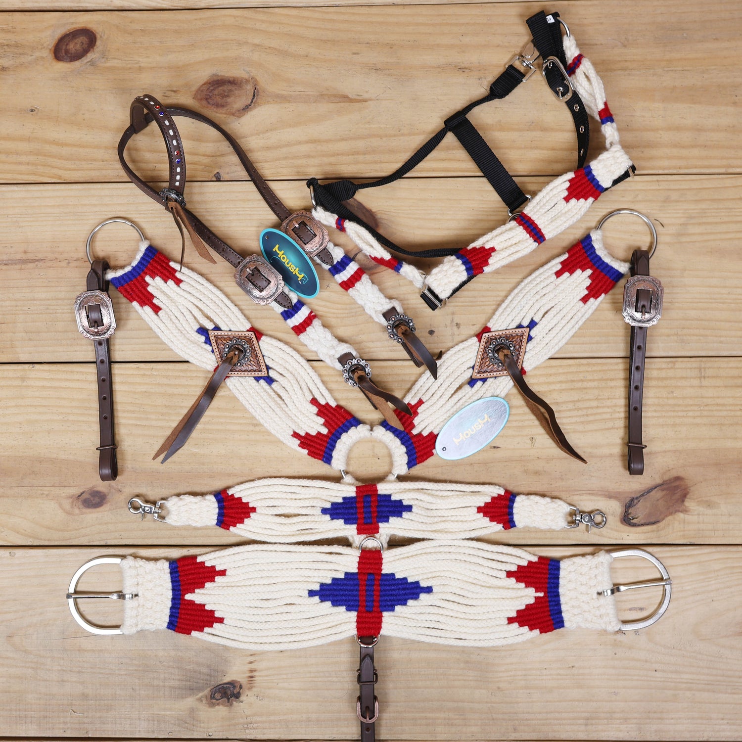Red, Royal Blue &amp; White Mohair Western Headstall Tack Set with 32” Front Girth – Complete 5-Piece Set with Breast Collar, Bronc Halter &amp; Wither Strap – Antique Copper Hardware – Handcrafted