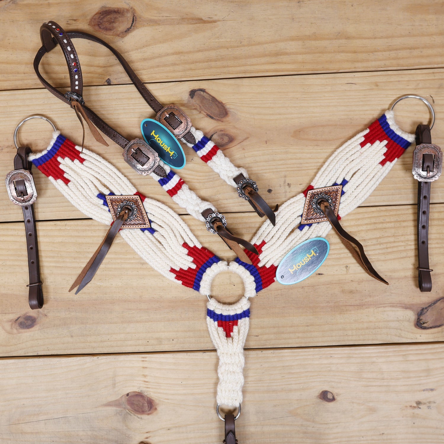 Red, Royal Blue &amp; White Mohair Western Headstall Tack Set with 32” Front Girth – Complete 5-Piece Set with Breast Collar, Bronc Halter &amp; Wither Strap – Antique Copper Hardware – Handcrafted