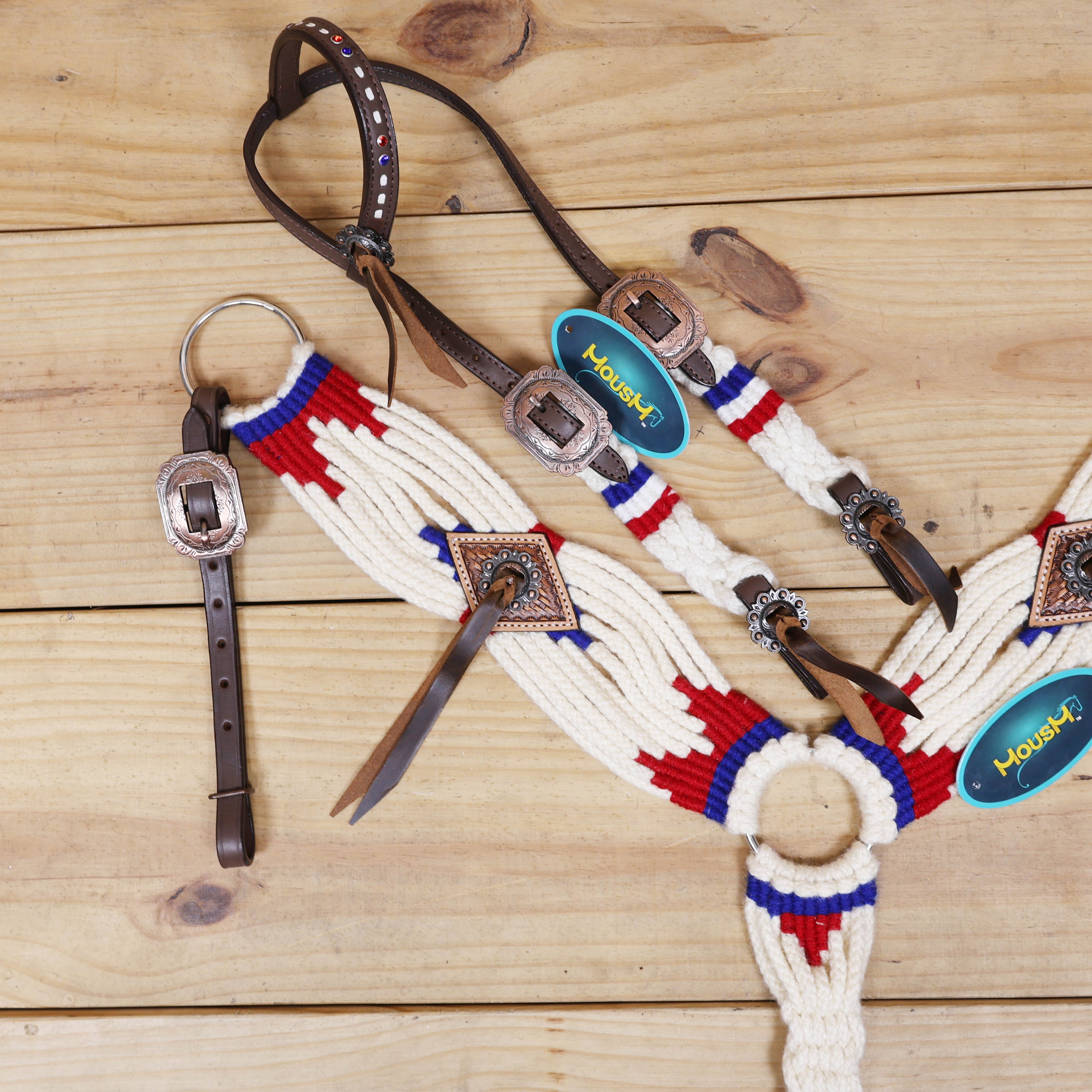 Red, Royal Blue &amp; White Mohair Western Headstall Tack Set with 32” Front Girth – Complete 5-Piece Set with Breast Collar, Bronc Halter &amp; Wither Strap – Antique Copper Hardware – Handcrafted
