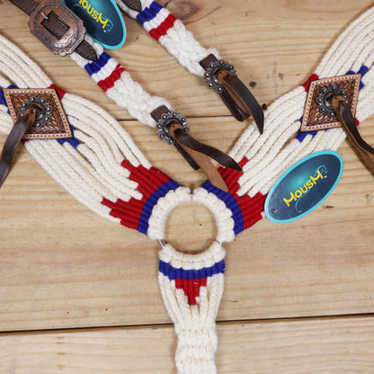 Red, Royal Blue &amp; White Mohair Western Headstall Tack Set with 32” Front Girth – Complete 5-Piece Set with Breast Collar, Bronc Halter &amp; Wither Strap – Antique Copper Hardware – Handcrafted
