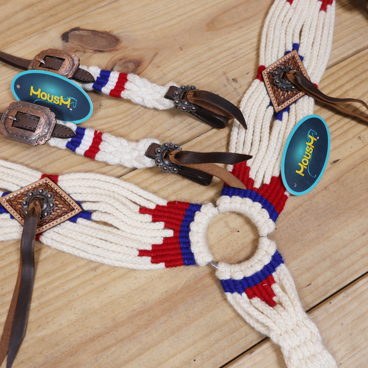 Red, Royal Blue &amp; White Mohair Western Headstall Tack Set with 32” Front Girth – Complete 5-Piece Set with Breast Collar, Bronc Halter &amp; Wither Strap – Antique Copper Hardware – Handcrafted