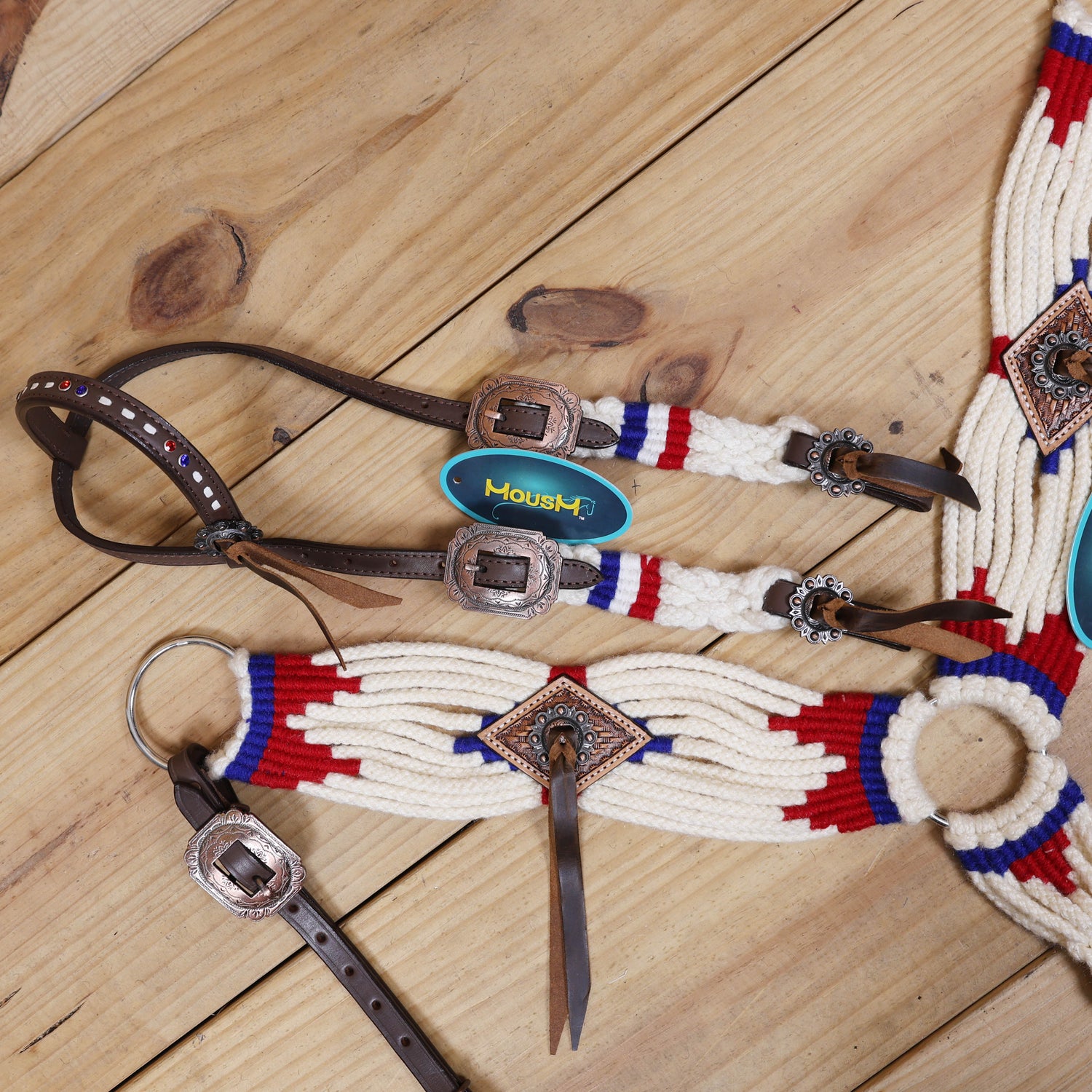 Red, Royal Blue &amp; White Mohair Western Headstall Tack Set with 32” Front Girth – Complete 5-Piece Set with Breast Collar, Bronc Halter &amp; Wither Strap – Antique Copper Hardware – Handcrafted