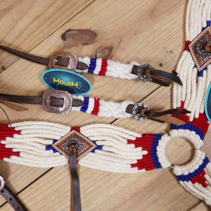 Red, Royal Blue &amp; White Mohair Western Headstall Tack Set with 32” Front Girth – Complete 5-Piece Set with Breast Collar, Bronc Halter &amp; Wither Strap – Antique Copper Hardware – Handcrafted
