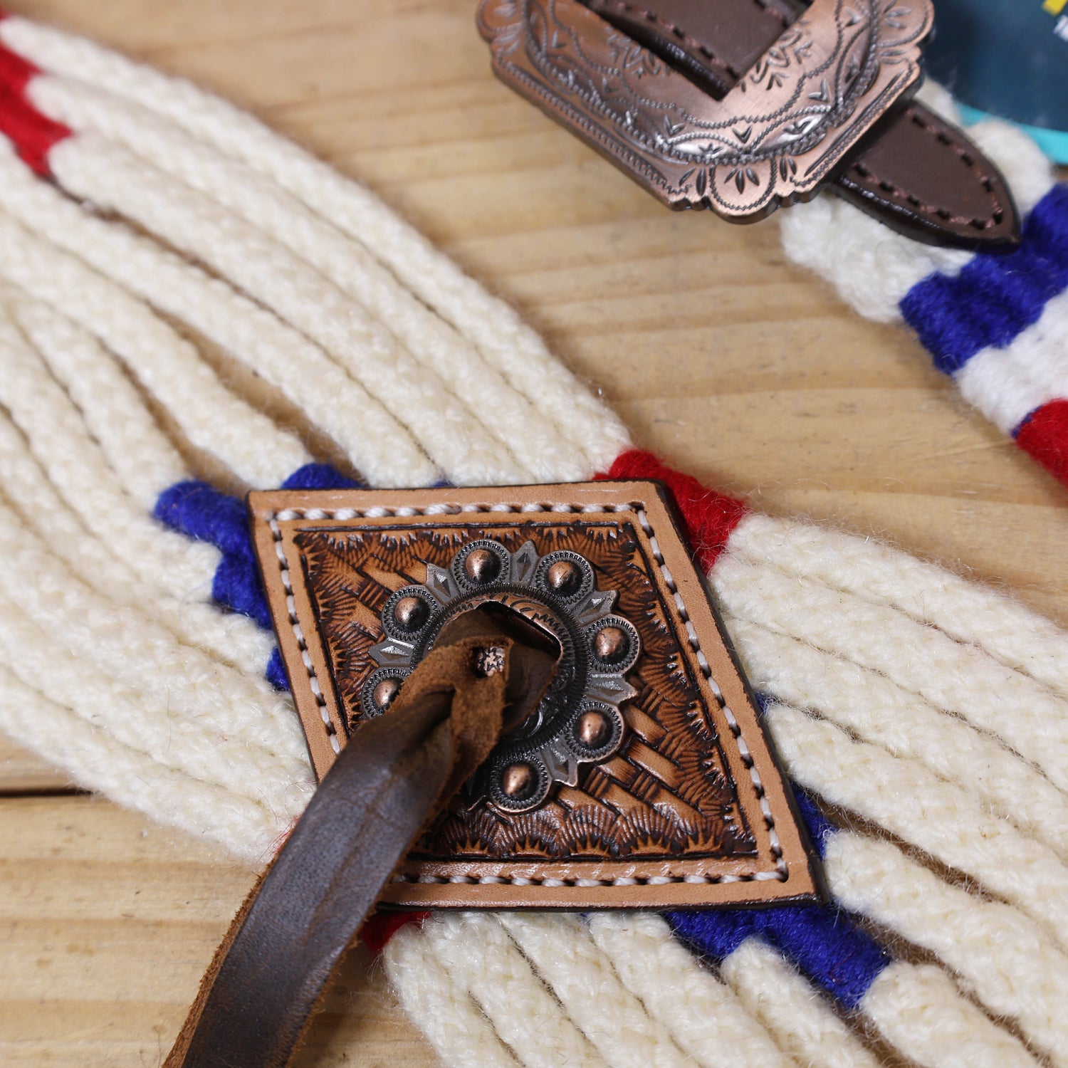 Red, Royal Blue &amp; White Mohair Western Headstall Tack Set with 32” Front Girth – Complete 5-Piece Set with Breast Collar, Bronc Halter &amp; Wither Strap – Antique Copper Hardware – Handcrafted