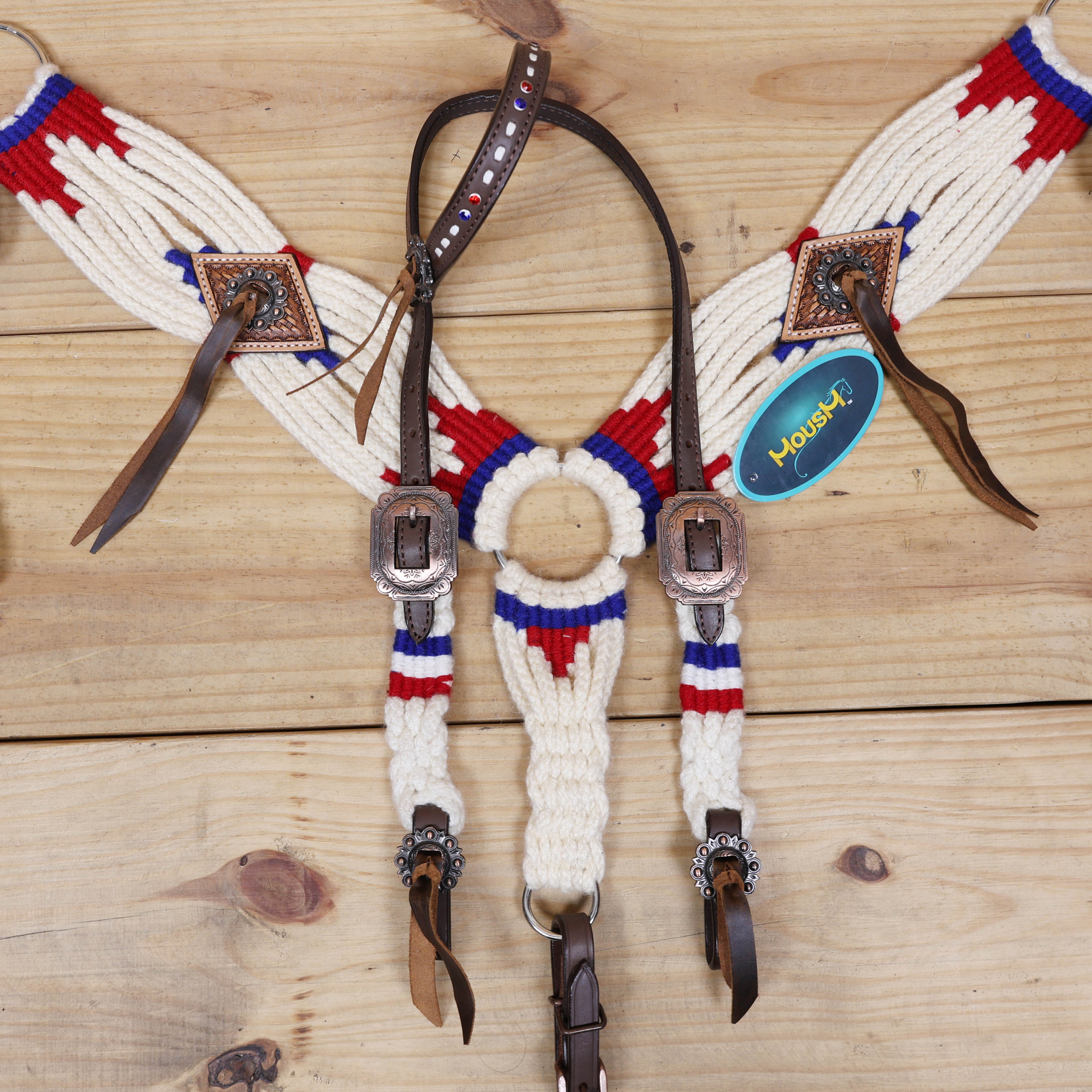 Red, Royal Blue &amp; White Mohair Western Headstall Tack Set with 32” Front Girth – Complete 5-Piece Set with Breast Collar, Bronc Halter &amp; Wither Strap – Antique Copper Hardware – Handcrafted
